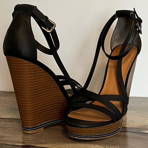 Matisse “Joss” Stacked Wedge Sandals 7.5 Black Leather 5” Heel 1” Platform - Picture 2 of 16